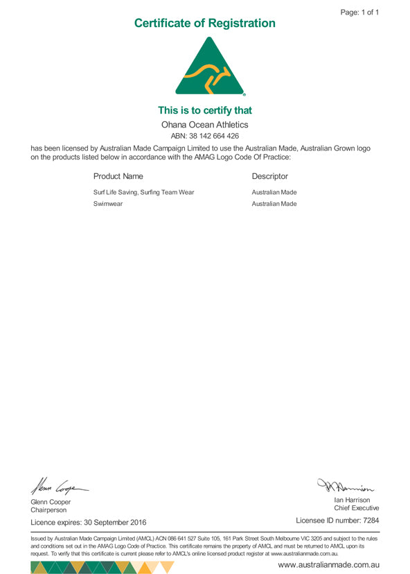 OHANA Certificate of Registration